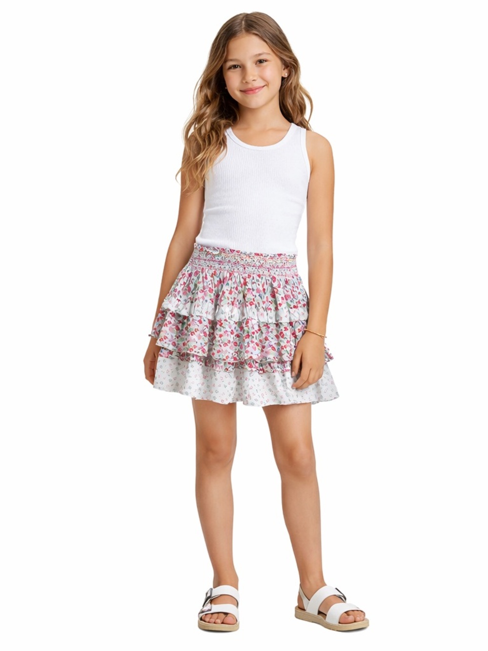 LoveShackFancy Floral Tiered Ruffle Skirt Girls 10Y Smocked Waist Cotton Cottage